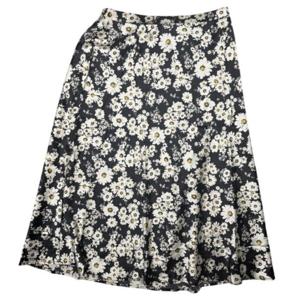 Haute‎ Monde Black Daisy Floral Satin Midi Skirt HMS40535-U1380 Womens Large L